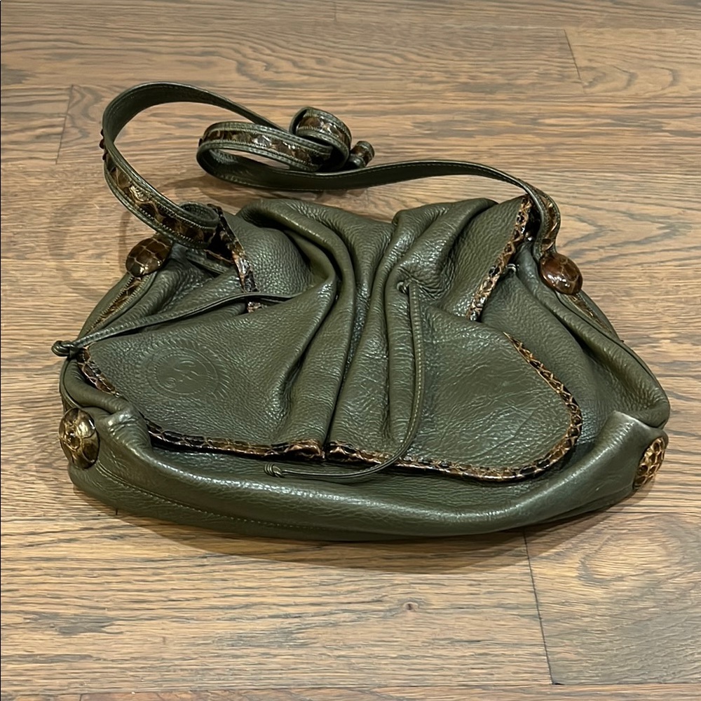 Carlos Falchi Green Leather Shoulder Bag with Bohemian Style